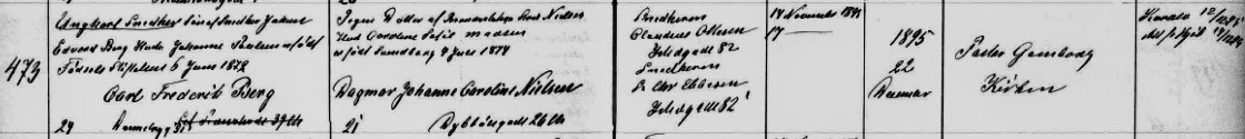 Udsnit af kirkebog, Vielse af  Carl F. Berg og Dagmar J. C. Nielsen